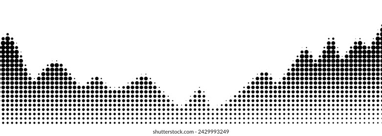 Grayscale vector halftone dots background with a fading dot effect, resembling a abstract mountain landscape. Black noise dots, a sand grain effect, and grunge banner.