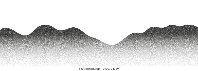 Grayscale vector halftone dots background with a fading dot effect, resembling a abstract mountain landscape. Black noise dots, a sand grain effect, and grunge banner.