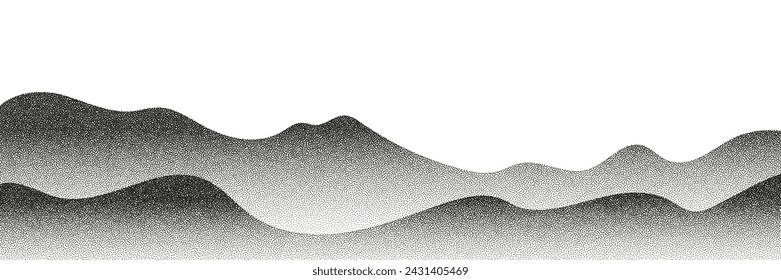 Fondo de puntos de semitonos vectoriales de escala de grises con un efecto de punto de desvanecimiento, parecido a un paisaje de montaña abstracto. Puntos de ruido negro, un efecto de grano de arena.