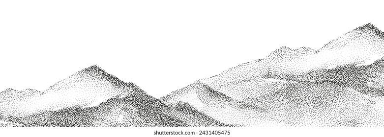 Grayscale vector halftone dots background with a fading dot effect, resembling a abstract mountain landscape. Black noise dots, a sand grain effect.