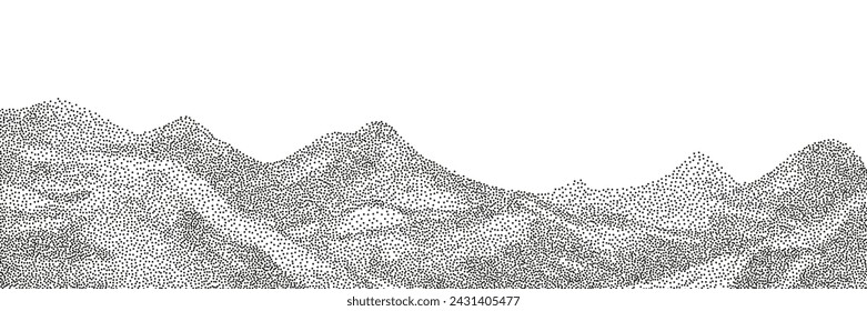Grayscale vector halftone dots background with a fading dot effect, resembling a abstract mountain landscape. Black noise dots, a sand grain effect.