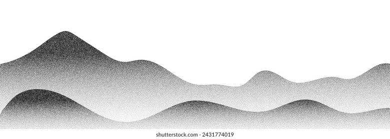 Grayscale vector halftone dots background with a fading dot effect, resembling a abstract mountain landscape. Black noise dots, a sand grain effect, and grunge banner.