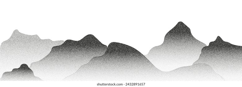 Grayscale vector halftone dots background with a fading dot effect, resembling a abstract mountain landscape. Black noise dots, a sand grain effect.