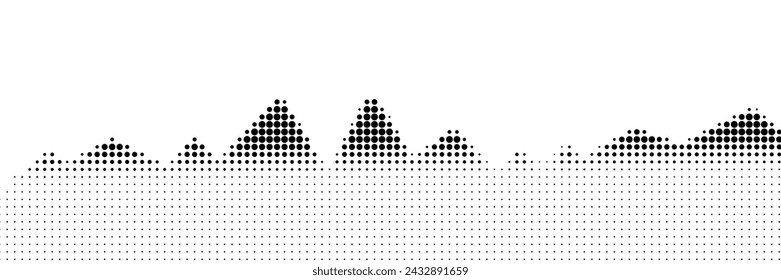 Grayscale vector halftone dots background with a fading dot effect, resembling a abstract mountain landscape. Black noise dots, a sand grain effect.
