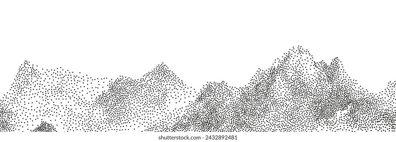 Grayscale vector halftone dots background with a fading dot effect, resembling a abstract mountain landscape. Black noise dots, a sand grain effect, and grunge banner.