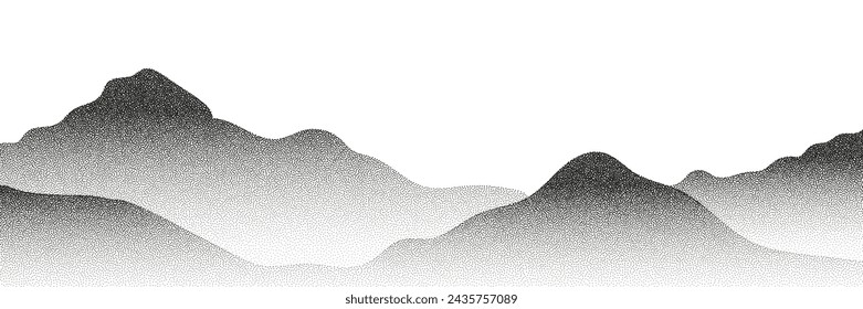 Grayscale vector halftone dots background with a fading dot effect, resembling a abstract mountain landscape. Black noise dots, a sand grain effect.