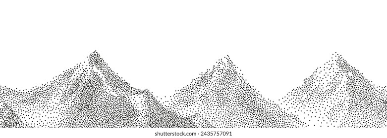 Grayscale vector halftone dots background with a fading dot effect, resembling a abstract mountain landscape. Black noise dots, a sand grain effect.