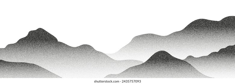 Grayscale vector halftone dots background with a fading dot effect, resembling a abstract mountain landscape. Black noise dots, a sand grain effect.