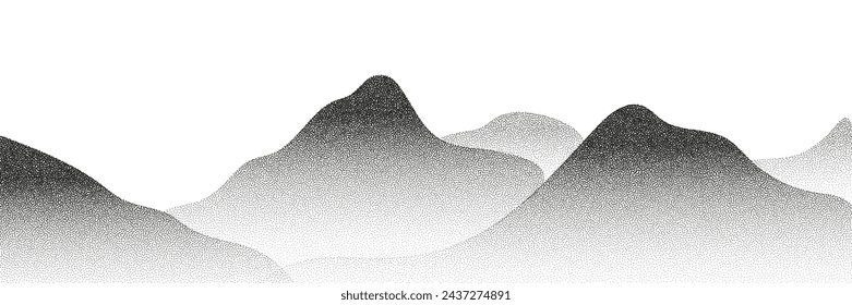 Fondo de puntos de semitonos vectoriales de escala de grises con un efecto de punto de desvanecimiento, parecido a un paisaje de montaña abstracto. Puntos de ruido negro, un efecto de grano de arena y pancarta de grunge.