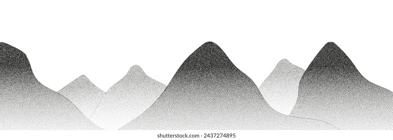 Grayscale vector halftone dots background with a fading dot effect, resembling a abstract mountain landscape. Black noise dots, a sand grain effect, and grunge banner.