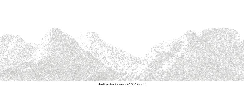 Grayscale vector halftone dots background with a fading dot effect, resembling a abstract mountain landscape. Black noise dots, a sand grain effect and grunge banner.