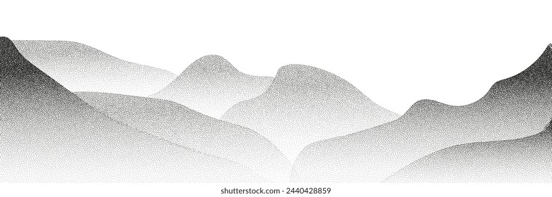 Grayscale vector halftone dots background with a fading dot effect, resembling a abstract mountain landscape. Black noise dots, a sand grain effect and grunge banner.