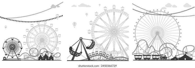 A grayscale vector illustration of an amusement park landscape with various attractions and rides, depicted at sunset with a gentle gradient sky and bunting flags.