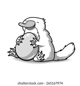 Grayscale vector illustration of cartoon platypus hugging a big egg