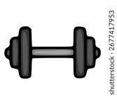 A grayscale vector illustration of a dumbbell, featuring a cartoonish style with distinct shading and a bold outline, ideal for fitness-related designs.