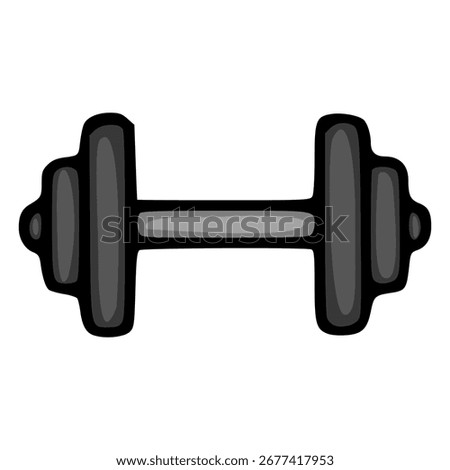 A grayscale vector illustration of a dumbbell, featuring a cartoonish style with distinct shading and a bold outline, ideal for fitness-related designs.