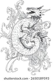 Grayscale vector illustration of a mystical axolotl salamander, perfect for fantasy story illustrations or for printing on t-shirts.