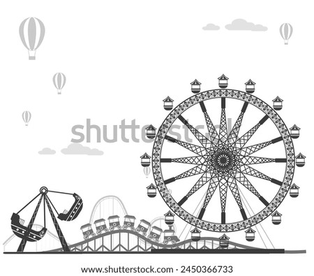 A grayscale vector illustration of a panoramic amusement park scene with hot air balloons, roller coasters, a Ferris wheel, and carnival tents during the daytime.