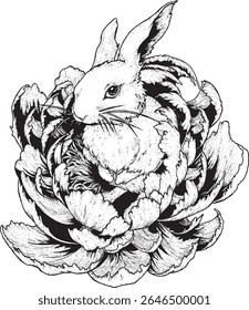 Grayscale vector illustration of a rabbit in a cabbage, suitable for cute children's story illustration or printing on a t-shirt.