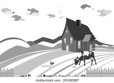 Grayscale vector illustration of a rural landscape with a beautiful house on the hills with a grazing cow and duck.
