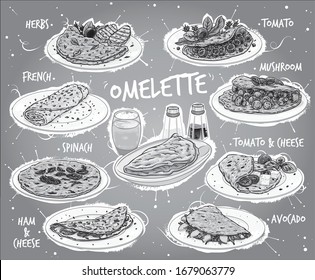 Grayscale vector illustration of various types of omelettes on plate.