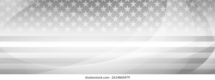 Grayscale vector illustration of a waving American flag with stars and stripes, designed in a minimalist style with smooth curves.