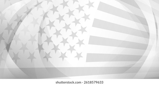 Grayscale vector illustration of a waving American flag with stars and stripes, designed in a minimalist style with smooth curves.