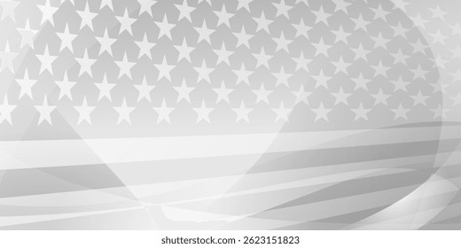 Ilustración vectorial en escala de grises de una bandera americana ondeando con estrellas y rayas, diseñada en un estilo minimalista con curvas suaves.