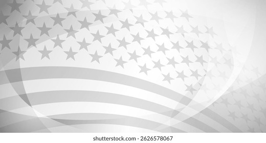Grayscale vector illustration of a waving American flag with stars and stripes, designed in a minimalist style with smooth curves.