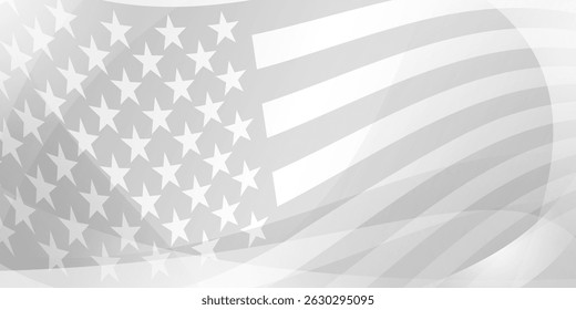 Grayscale vector illustration of a waving American flag with stars and stripes, designed in a minimalist style with smooth curves.