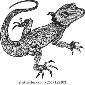 Imagem vetorial em tons de cinza de um lagarto sobre um fundo branco, adequado para elementos de ilustração sobre répteis.