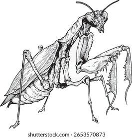 Grayscale vector image of a praying mantis on a white background, suitable for illustrations about insects.