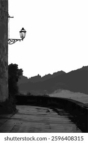 Grayscale vector of a landscape glimpse of an alley with a street lamp and mountains in the background