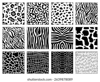 Grayscale version of 12 seamless animal patterns: zebra, tiger, leopard, Jaguar, cheetah, crocodile, snake, bear, cow, giraffe. Great for minimal designs.