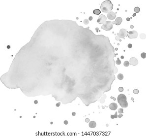 Grayscale watercolor splash with drops. Grunge element for web and paper design. Watercolor background. 