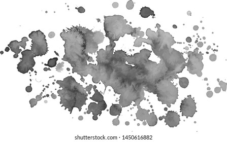 Grayscale watercolor splash with drops. Monochrome watercolor stain. Grunge element for design