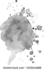 Grayscale watercolor splash with drops. Monochrome watercolor stain. Grunge element for design