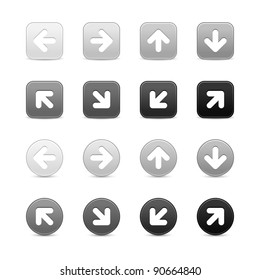 Grayscale web button with white arrow sign. Round and square shapes with shadow on white background. This vector illustration saved in 8 eps