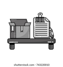 grayscale wood shelf with box and documents with clip and highlighter pen
