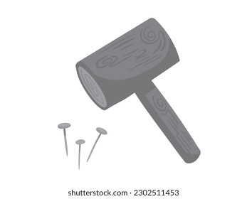Grayscale wooden hammer and iron nail vector illustration isolated on white horizontal background. Monochrome shades of gray simple and flat styled drawing.