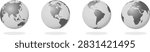 Grayscale World Globe Collection Showing Multiple Continental Views. Realistic Spherical Earth Illustrations Featuring North America South America Europe Africa Asia and Oceanic Regions With Soft Shadows