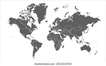 Mapa do mundo em escala de cinza 02, silhuetas mapa do mundo, mapa do mundo moderno gráfico, Países Silhuetas Stock Illustrations, Vetores