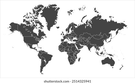 Mapa do mundo em escala de cinza 08, silhuetas mapa do mundo, mapa do mundo moderno gráfico, Países Silhuetas Stock Illustrations, Vetores