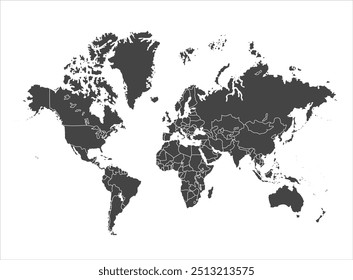 Grayscale World map 09, siluetas mapa del mundo, mapa del mundo moderno gráfico, Países Siluetas Ilustraciones de stock, Vectores
