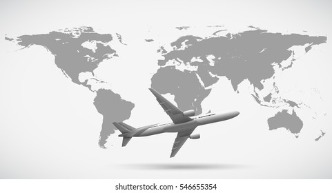 Grayscale of world map and airplane illustration