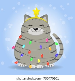 A gray-striped gray cat sits, a star on his head is dressed up in a garland of a Christmas tree, in a cartoon style. Vector, flat.