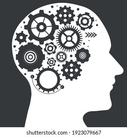 Gray-white silhouette of a male head with gears inside. Mind illustration