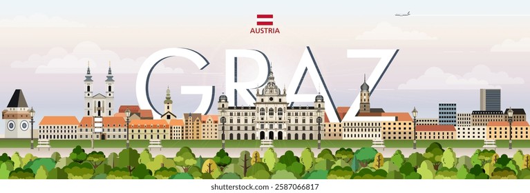 Graz cityscape colorful vector illustration with big city name on the background. Travel trendy poster