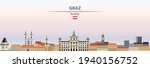 Graz cityscape on sunset sky background vector illustration with country and city name and with flag of Austria