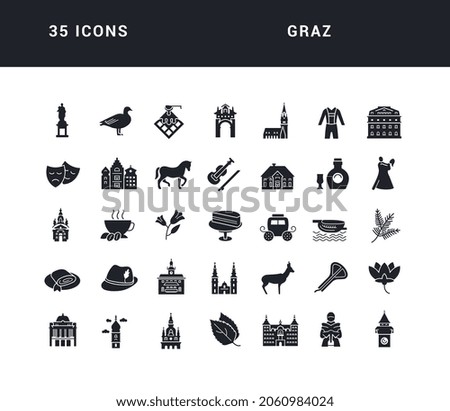 Graz. Collection of perfectly simple monochrome icons for web design, app, and the most modern projects. Universal pack of classical signs for category Cities and Countries.
